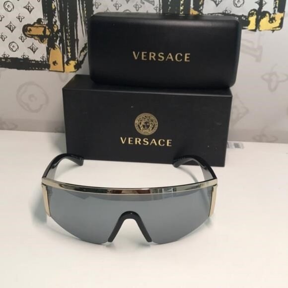 New Versace™ VE2197 Shield Sunglasses – Gold Frame / Grey Mirror Lenses - Picture 4 of 11
